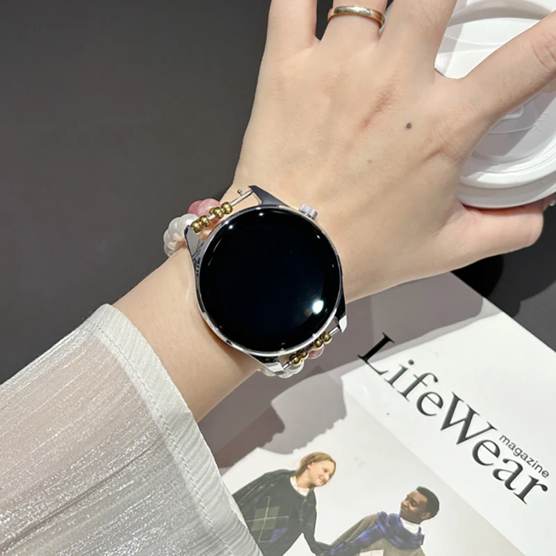 Correia de corrente de contas rosa para mulheres, pulseira, pingente de pêssego doce, Huawei GT4, GT3, GT2, ajuste 2, 18mm, 20mm, 22mm, 41mm