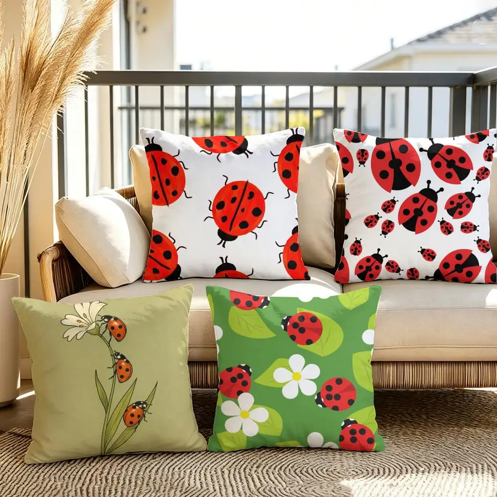 Cute Cartoon Ladybug Cushion Cover Summer Linen Pillow Case Organic Fabric Cushion Cover Double-Sided Print Sofa Home Decor