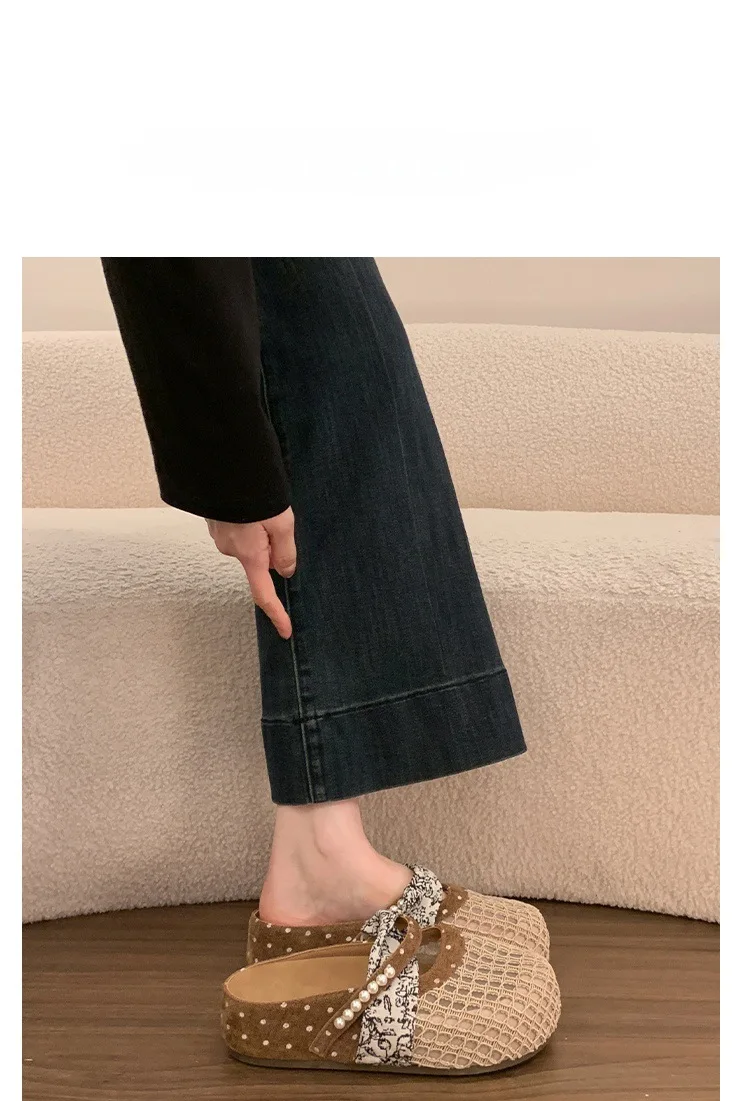 Atmungsaktive Mesh-Halbpantoffeln für Damen, Französische Polka-Dot-Perlen-Slip-On-Slides, Weiche Sohle, Geschlossene Zehenpartie, Geeignet für Breite Füße – Detail 10