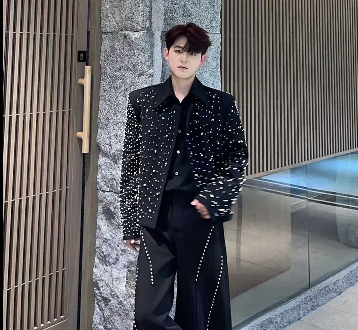 2025 New Fashion Heavy Rhinestone Starry Sky Jacket Handsome Men Loose Casual Short Turn-Down Collar Coat Trendy