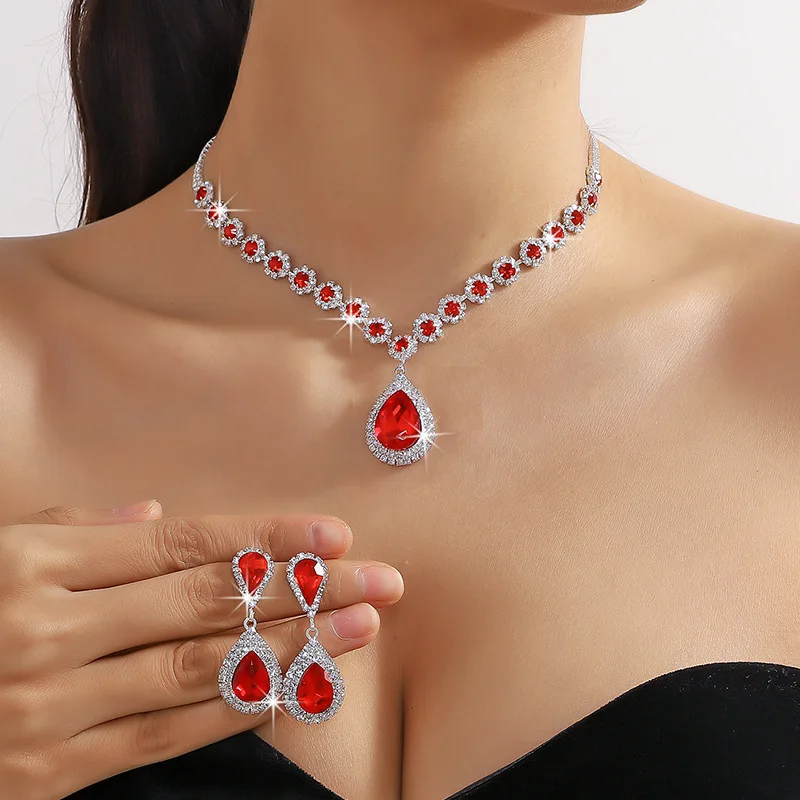 FYUAN Luxury Red Green Blue Crystal Necklace Earrings For Women Water Drop Pendant Wedding Bride Jewelry Sets