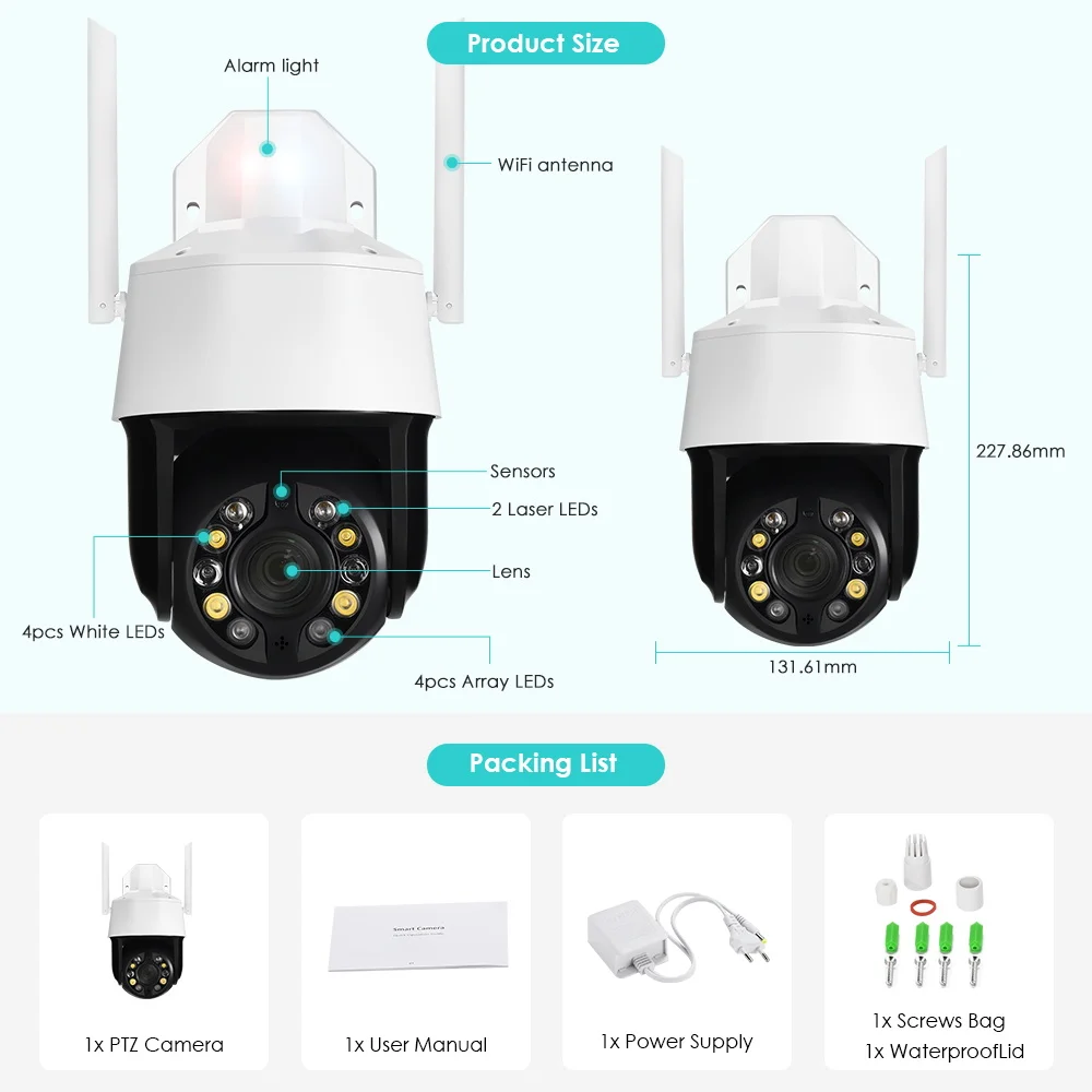 5MP 20X оптический зум Видеонаблюдение WiFi камера Ночное видение Полицейская световая сигнализация Безопасность CCTV IP-камера