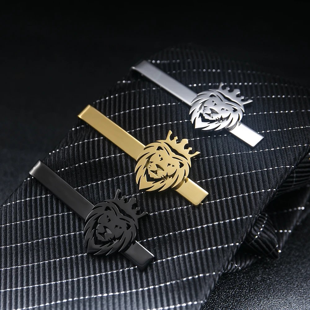 Tangula Punk Crown Lion Tie Clip Stainless Steel Mens Animal Hip Hop Party Accessories Necktie Clamp for Groom Wedding Jewelry