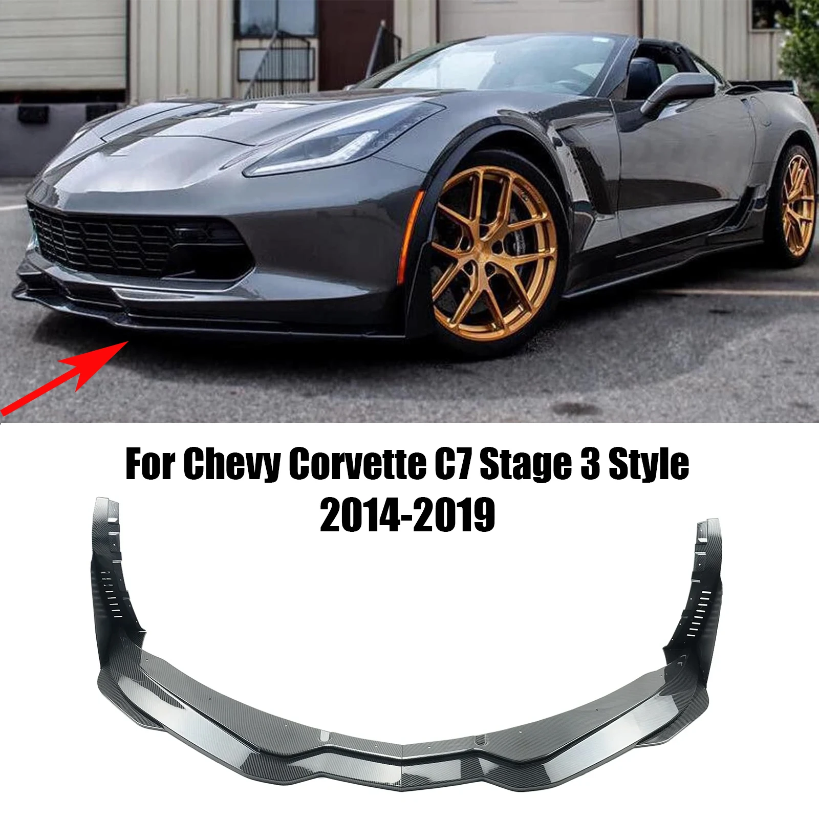Para 2014-2019 Chevy Corvette C7 Z06 Stingray Z51 etapa 3 estilo labio de parachoques delantero de coche y alerones laterales divisor de alerón negro brillante
