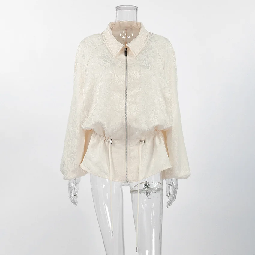 Apricot Chic Woven Inelastic Woman'S Jacket Solid Color Turn-Down Collar Zipper Tops Loose Drawstring Waist Batwing Sleeve Coat