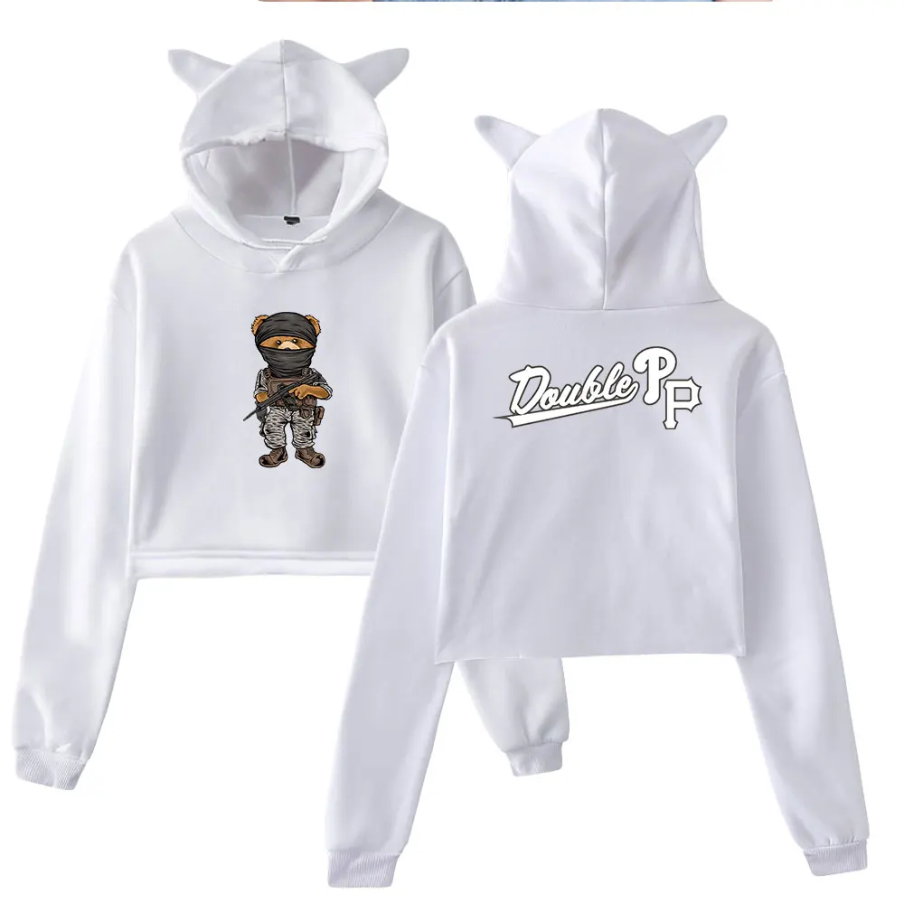 Peso Pluma Merch Peso Bear Pullover Cat Ears Hoodie Long Sleeve Sweatshirts Female Crop Top Double PP 2023 Tour Women's Clothes