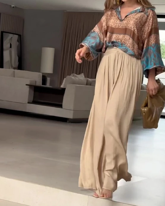 Summer Fashion Casual Two-piece Women's Elegant Loose Fit Abstract Printed Blouse Top and Ruched High Waist Wide Leg Pants Set
