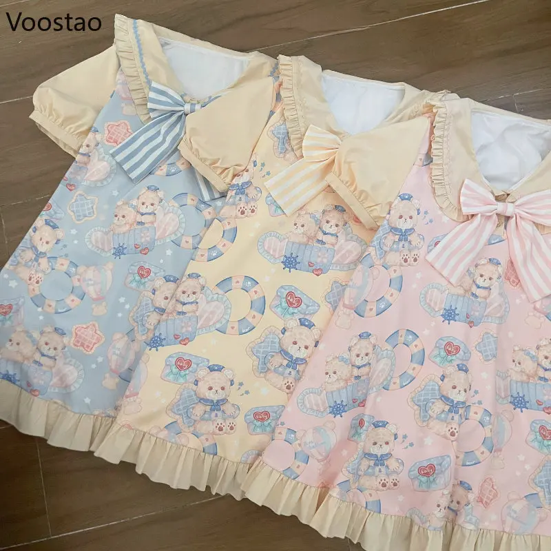 Summer Japan Style Kawaii Lolita OP Dress Girls Cute Cartoon Navy Bear Print Party Dresses Sweet Loose Bow Ruffles Mini Dress