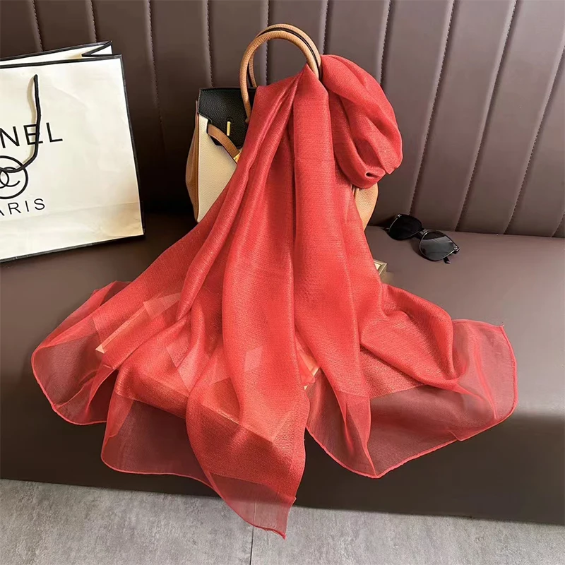 2024 Luxury Silk Scarf Women Winter Warm Shawl Wraps Lady Foulard Hijab Scarves Solid Female Thin Pashmina Bandana Headband