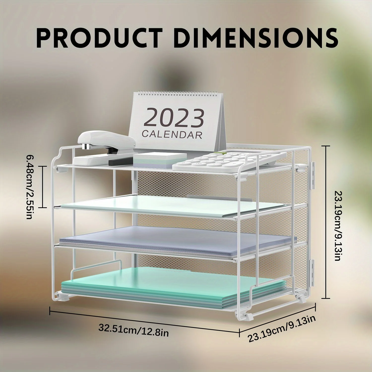 4 Tier Desktop Organiser with Drawer for Writing Paper Tray, Pen Holder with Mesh Metal Desktop Organiser for Home Office Use