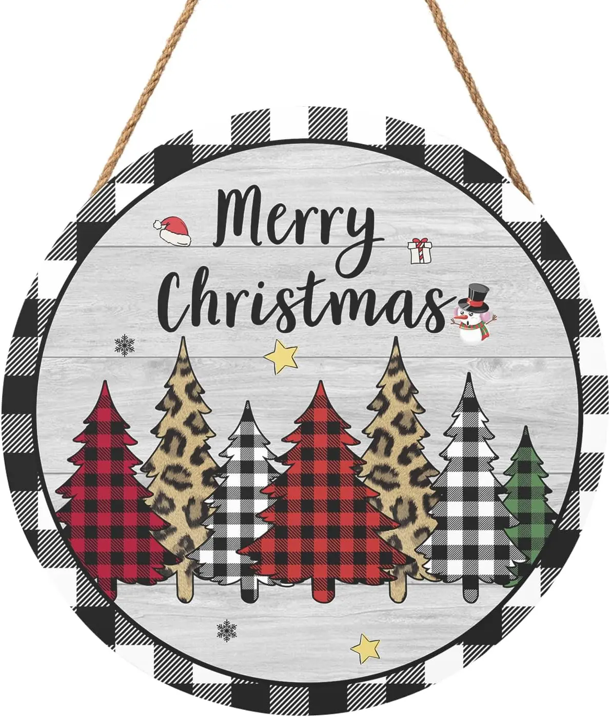 Merry Christmas Door Sign 12 Inch Christmas Buffalo Plaid Tree Hanging Decorations Wooden Holiday Signs Sign for Home Porch Yard
