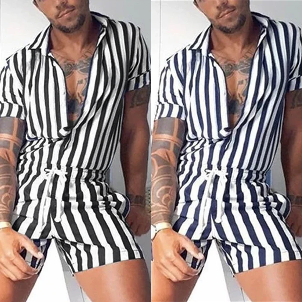 Men's Fashion Striped Boxer Shorts Jumpsuits Rompers Casual Playsuit Short Sleeve Button Lapel Bodysuits Drawstring Streetwear