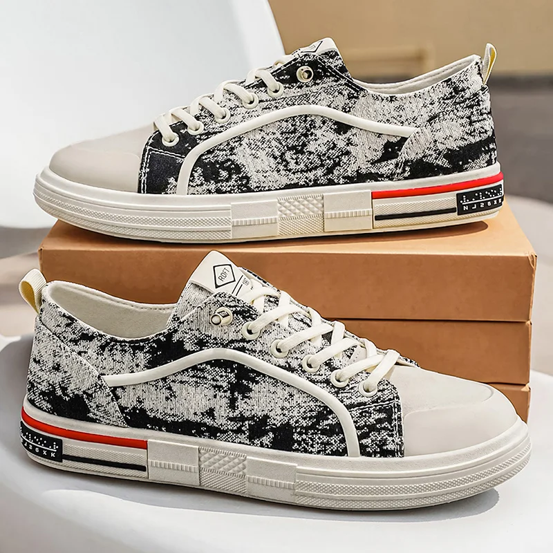 Mens Casual Canvas Shoes, Printed Low Top Lace‑up Skate Sneakers, Lightweight Breathable Wear‑Resistant Non‑Slip Daily Footwear view 5