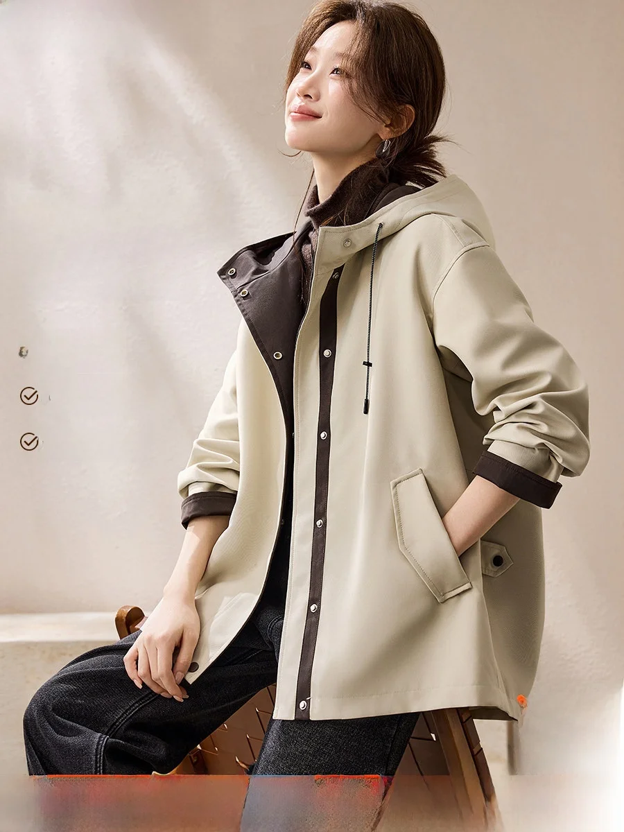 

Куртка-бомбер Menghan Meimei MIU Series с цветными блоками и капюшоном, весна 2026, женская, удлиненная, для повседневной носки