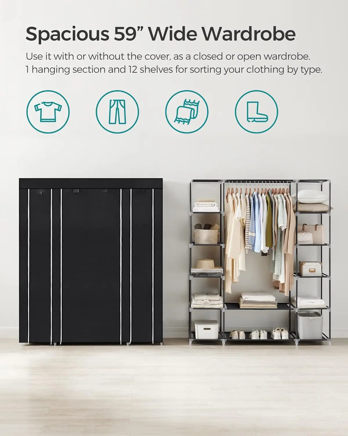 Closet Wardrobe, Portable Closet for Bedroom, Clothes Rail with Non-Woven Fabric Cover, Clothes Organizer, 59 x 17.7 x 69 Inche