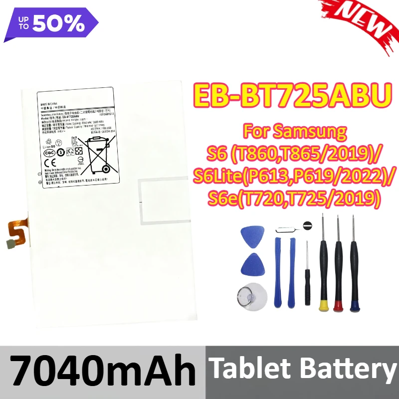 بطارية كمبيوتر لوحي جديدة EB-BT725ABU بقدرة 7040 مللي أمبير في الساعة لأجهزة SamsungS6 (T860,T865/2019)/S6 Lite(P613,P619/2022)/S6e(T720,T725/2019) + أدوات