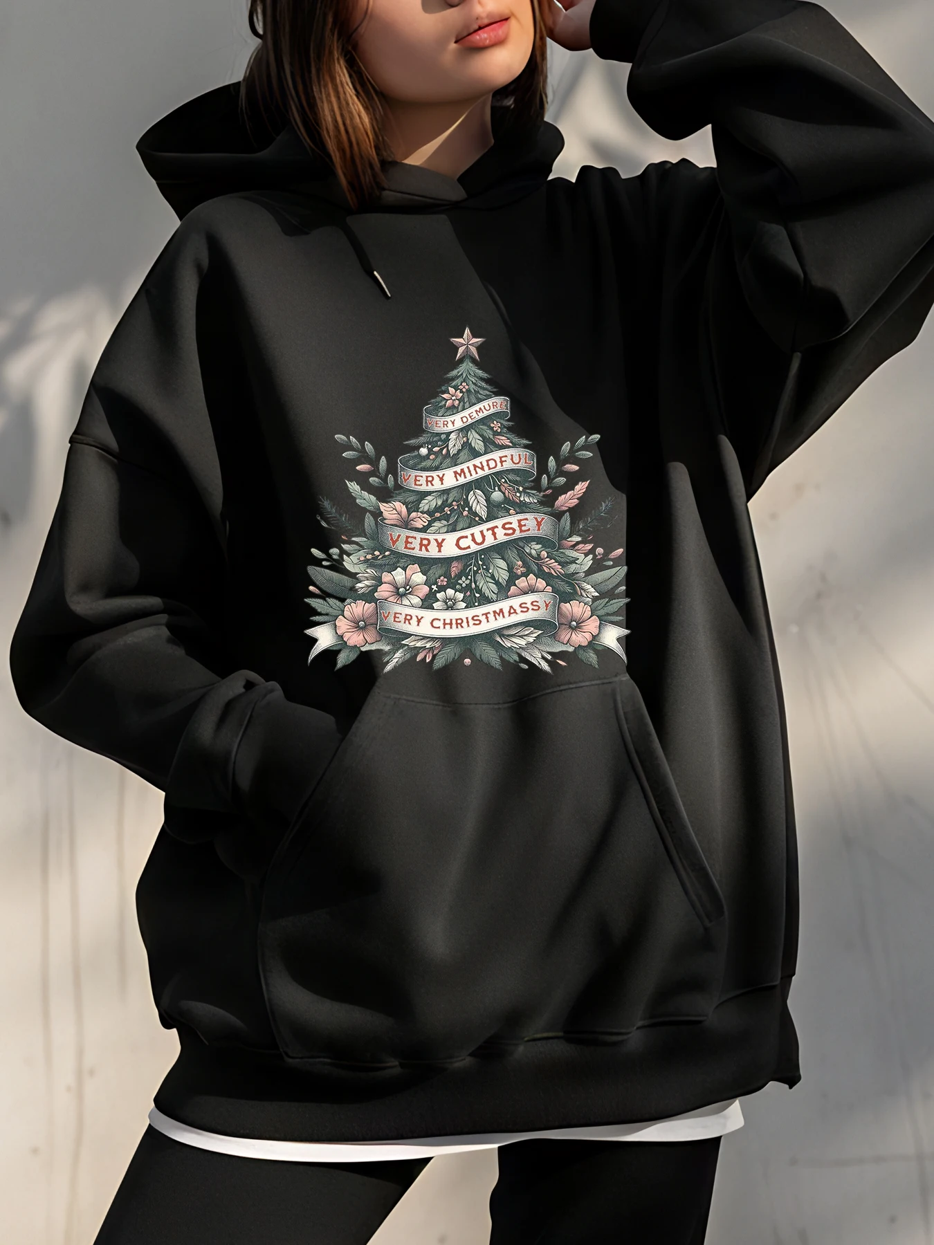 Sudadera con capucha con estampado de árbol de Navidad Estilo casual con detalles florales y de cinta para mujeres Trajes de vacaciones de invierno