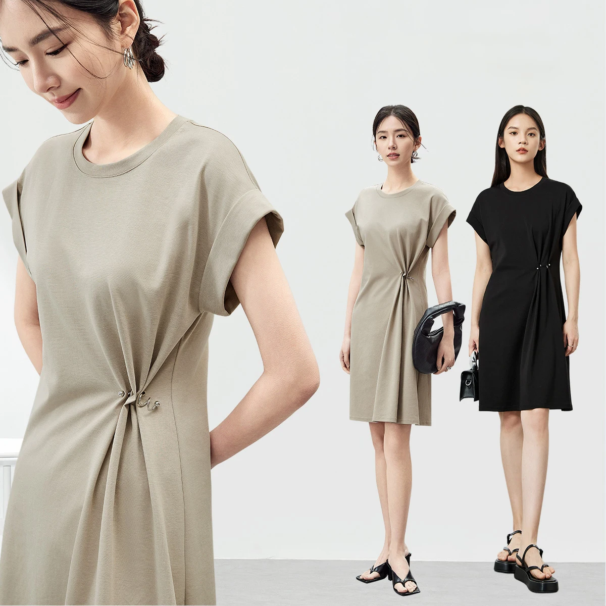 SENTUBILA Round Neck Knee-Length Casual Dress for Women 2025 Summer Fashion Straight Solid Simple Short Sleeve Dresses 142L54308