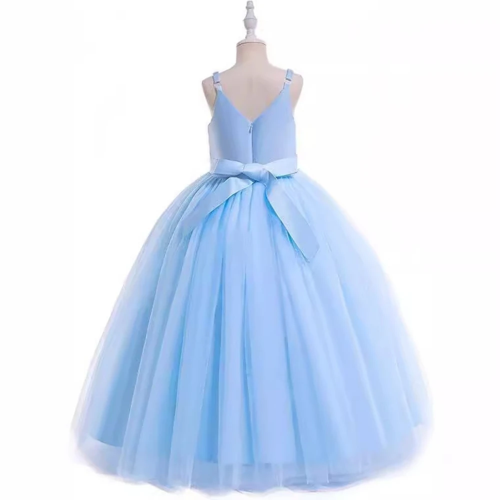 Graceful V-neck Spaghetti Straps Princess Gown Long For Dance Performance Cute Flower Girls Dresses For Wedding Birthday Prom