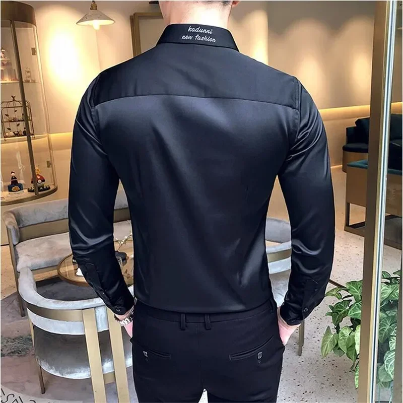 Halslijn Borduurwerk Mannen Shirts Hoge Kwaliteit Mannen Lange Mouwen Slanke Zakelijke Jurk Shirts Effen Kleur Formele Club Prom Smoking Shirt