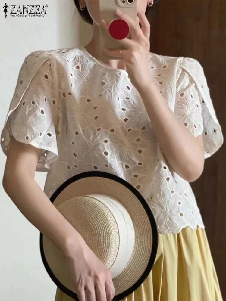 ZANZEA Korean Short Sleeve Blouse Women Fashion Petal Short Sleeve Tops Shirt Sweety Floral Hollow Out Blusas Casual Solid Tunic