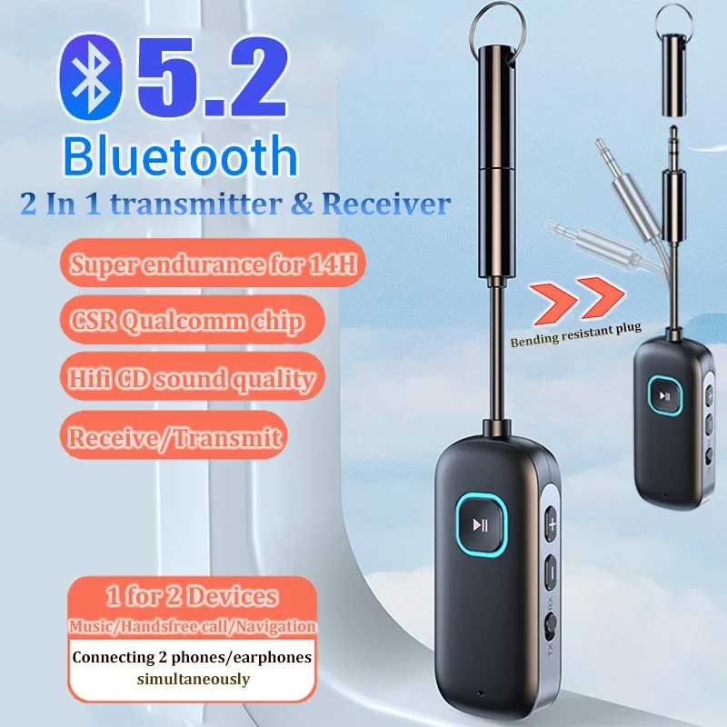 

2 in 1 Bluetooth 5.2 Transmitter Receiver 3.5MM AUX aptX Adaptive LL HD Wireless Adapter Connect Two Bluetooth Headset Phone New