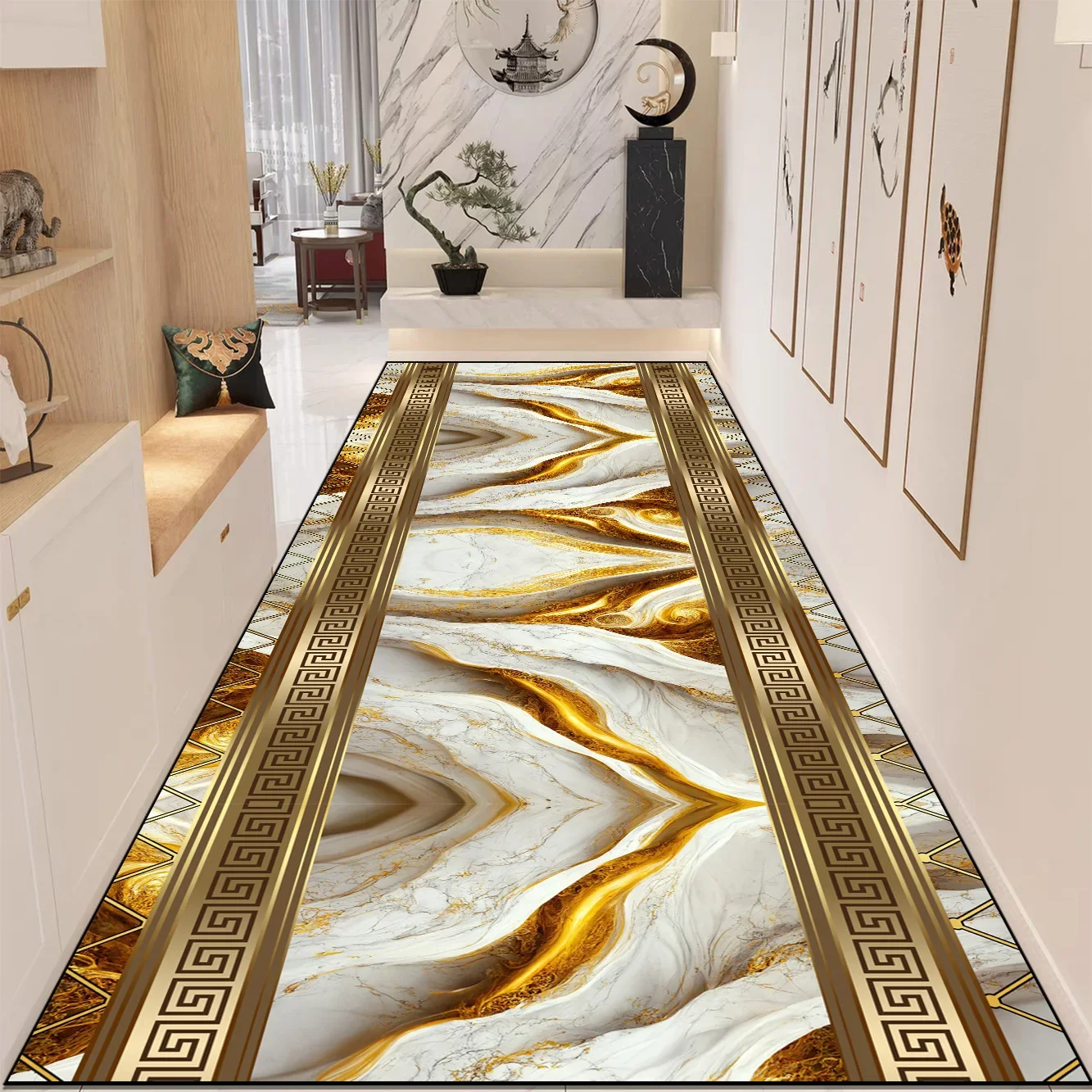 Luxury Hallway Area Rugs Golden Marble Pattern Corridor Rugs Villa Decoration Long Carpet Runner Non-slip Porch Entry Doormat 러그