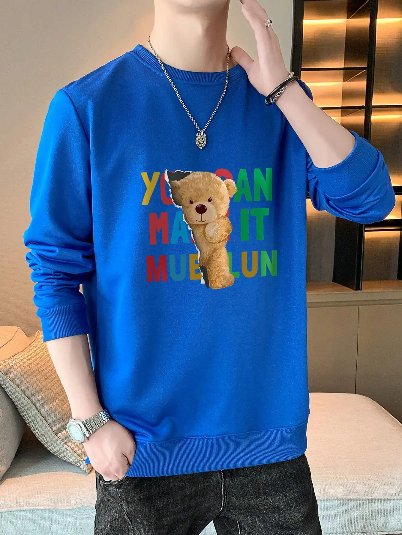 

Colorful Text Cartoon Doll Bear Printed Mens Sweatshirts All-Match Crewneck Hoody Autumn O-Neck Streetwear New Fashion Tops