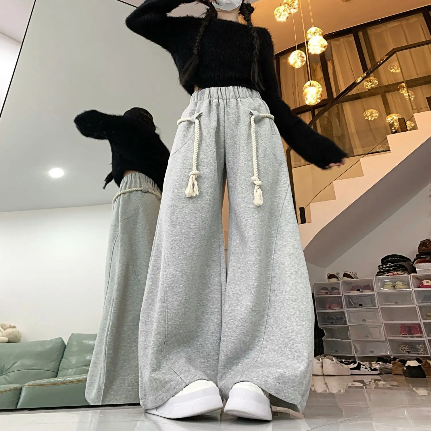 

Design Thick Rope Wide-leg Pants Trousers Women 2025 Autumn New Straight Loose Sports Casual Sweatpants Baggy Pants