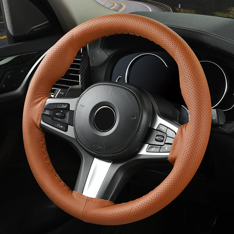 Anti-Slip Cowhide Steering wheel Cover Universal Hand-stitched Sewing Steering Wheel Protective Cover Style 38cm Shape O D