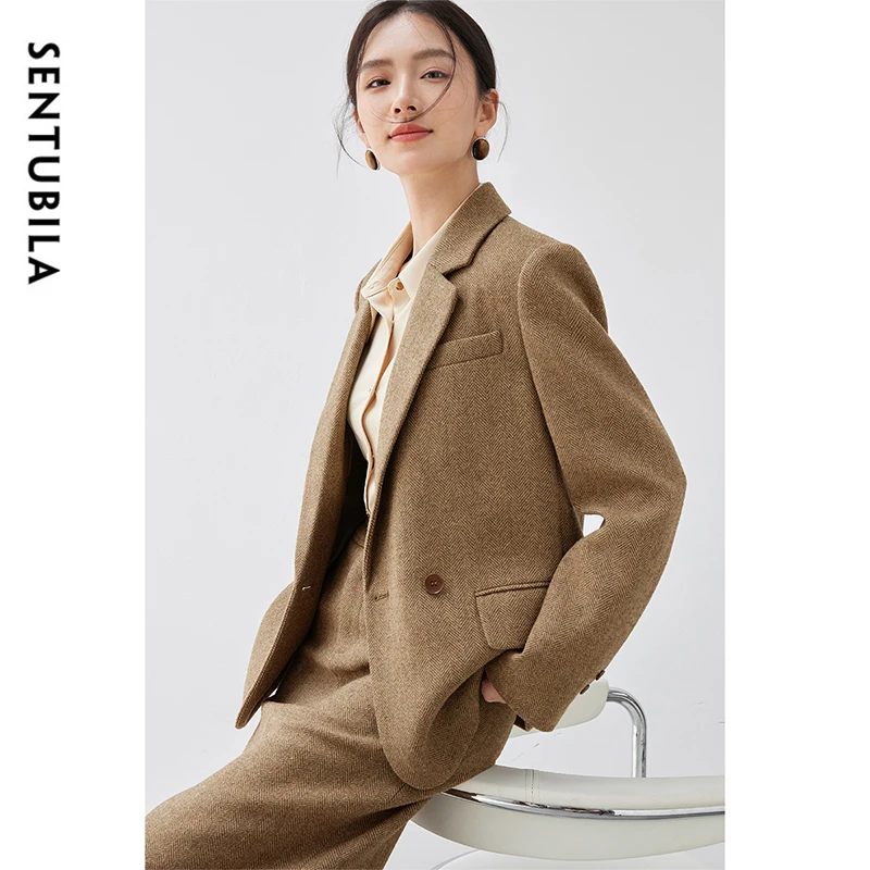 SENTUBILA Women\'s Winter Wool Blazer Jacket 2024 Casual Loose Straight England Style Tailored Coat Female Outerwear 144X57016