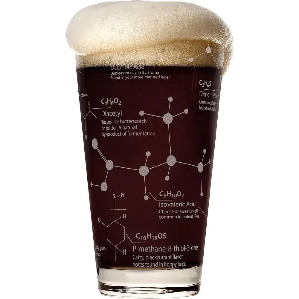 16 oz Pint Glass - Etched with Hops and Chemistry Molecule Design