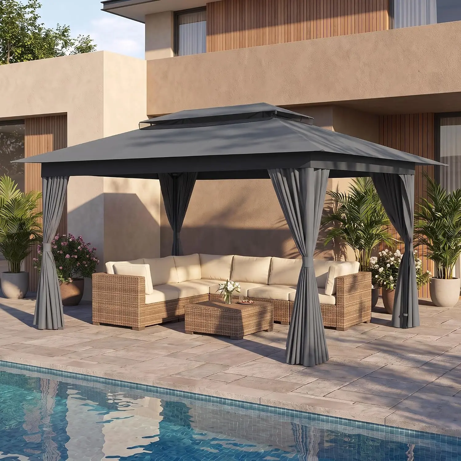 10x15 Metal Gazebo Canopy Vented Double Roof Gray Outdoor Party Heavy Duty Steel Rust-Resistant Patio Garden, Customized