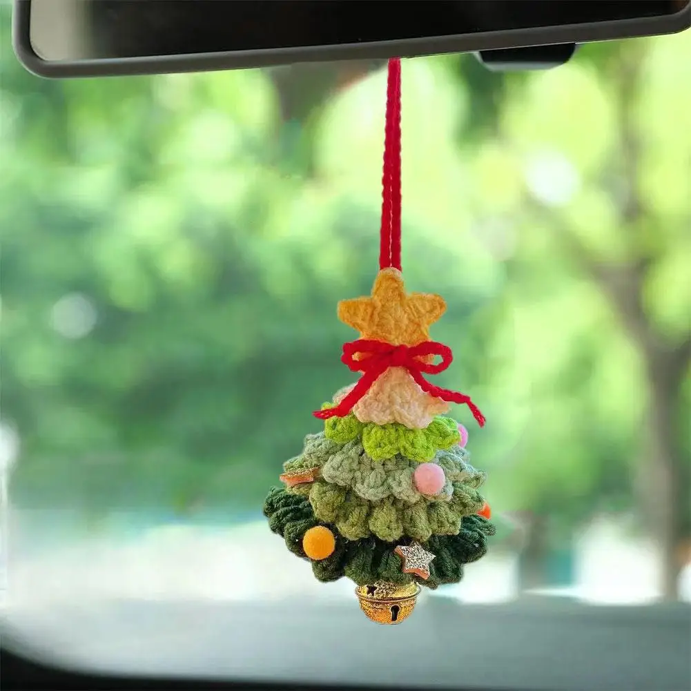 Cute Handmade Knitted Christmas Tree Rearview Mirror Auto Pendant Charm Accessories Decoration Crochet Interior Ornaments J4V1