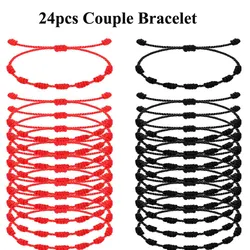 24pcs Handmade Black And Red Couple Lucky 7 Knots Bracelets