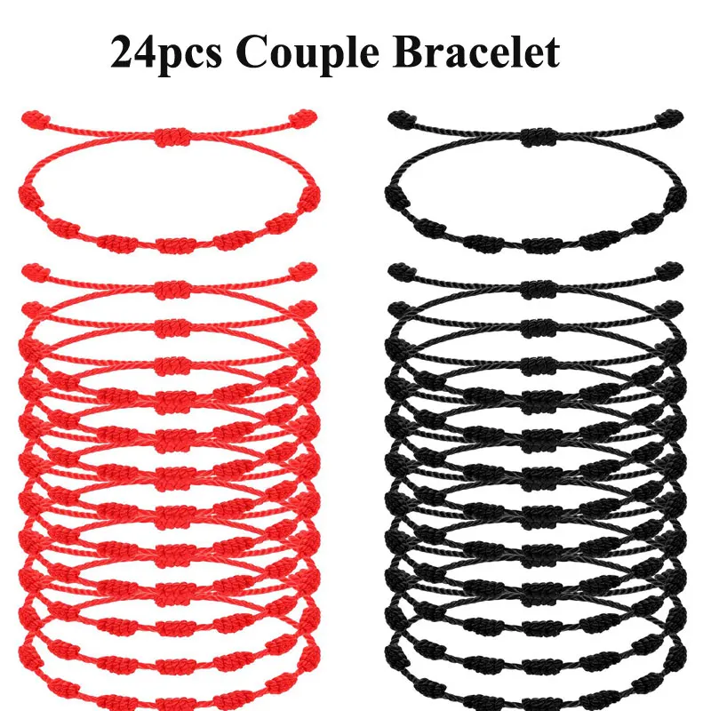 24pcs Handmade Black And Red Couple Lucky 7 Knots Bracelets