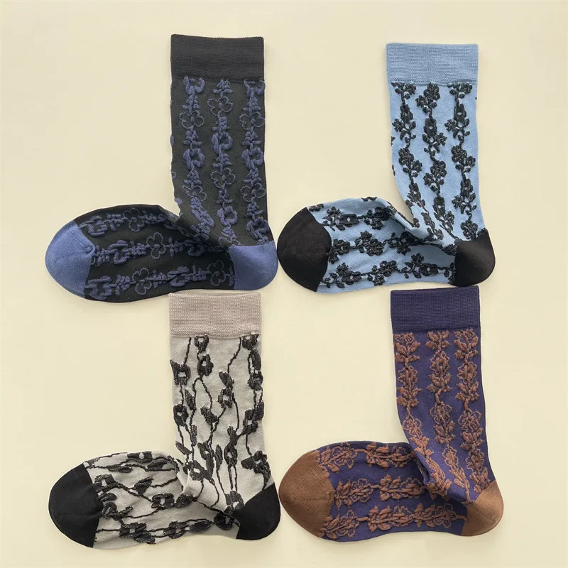 Women Socks Spring Summer Cotton Raised Floral Crew Casual Sock