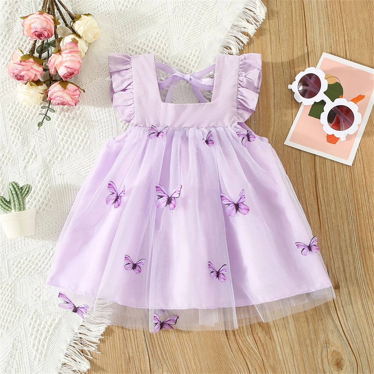 New Girl Baby Mesh Princess Dress Summer Children\'s Wear 3D Bow Embroidered Solid Color Korean Edition Dress