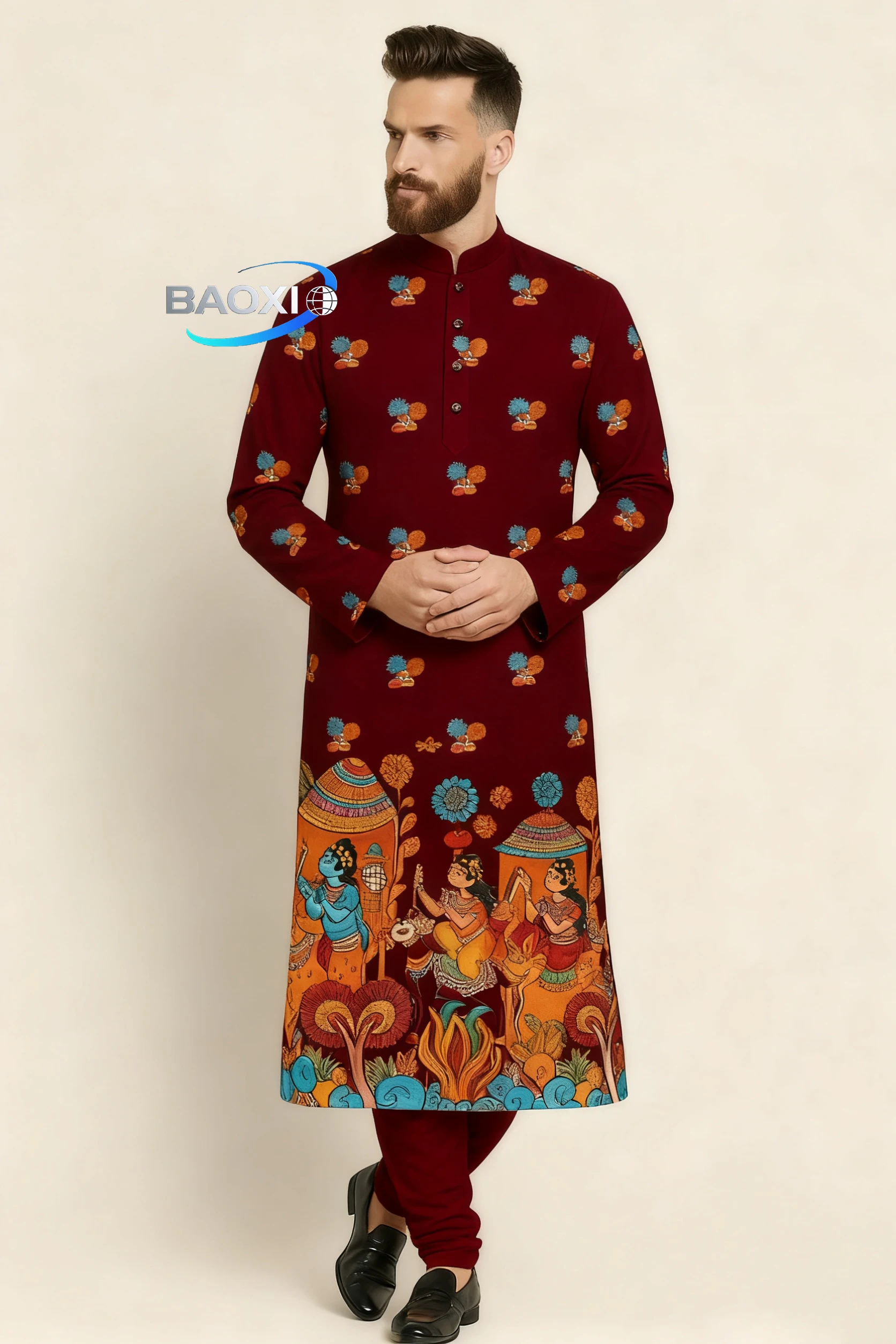 Padrão impresso masculino kurta tendo elegante e confortável ajuste regular longo robe adequado para todas as ocasiões roupas étnicas,