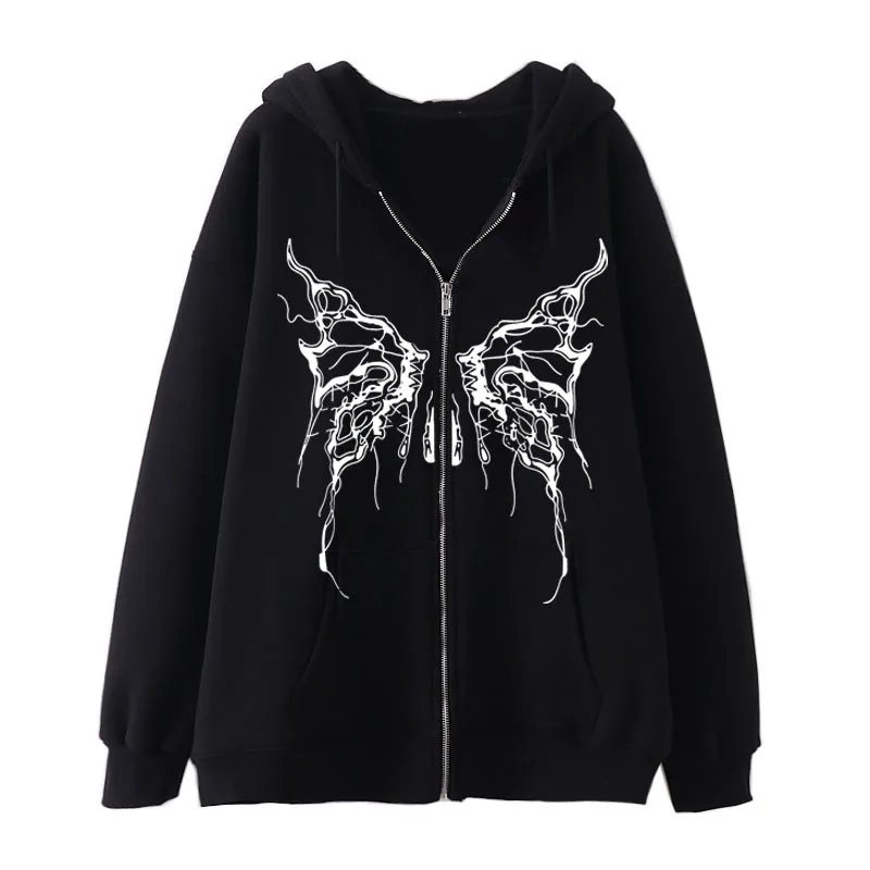 Y2K Fleece Hoodies Women Butterfly Printed Zipper Casual Sweatshirts Fashion Loose Lady Coat Autumn Winter Streetwear