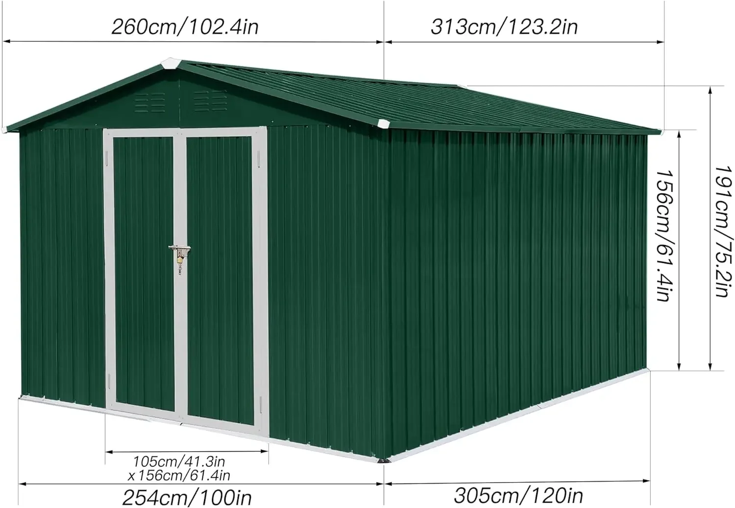 10x8 FT Outdoor Storage Shed, Large Metal Garden Shed with Pitched Roof Vents, Galvanized Steel Tool House with Hinged Doors