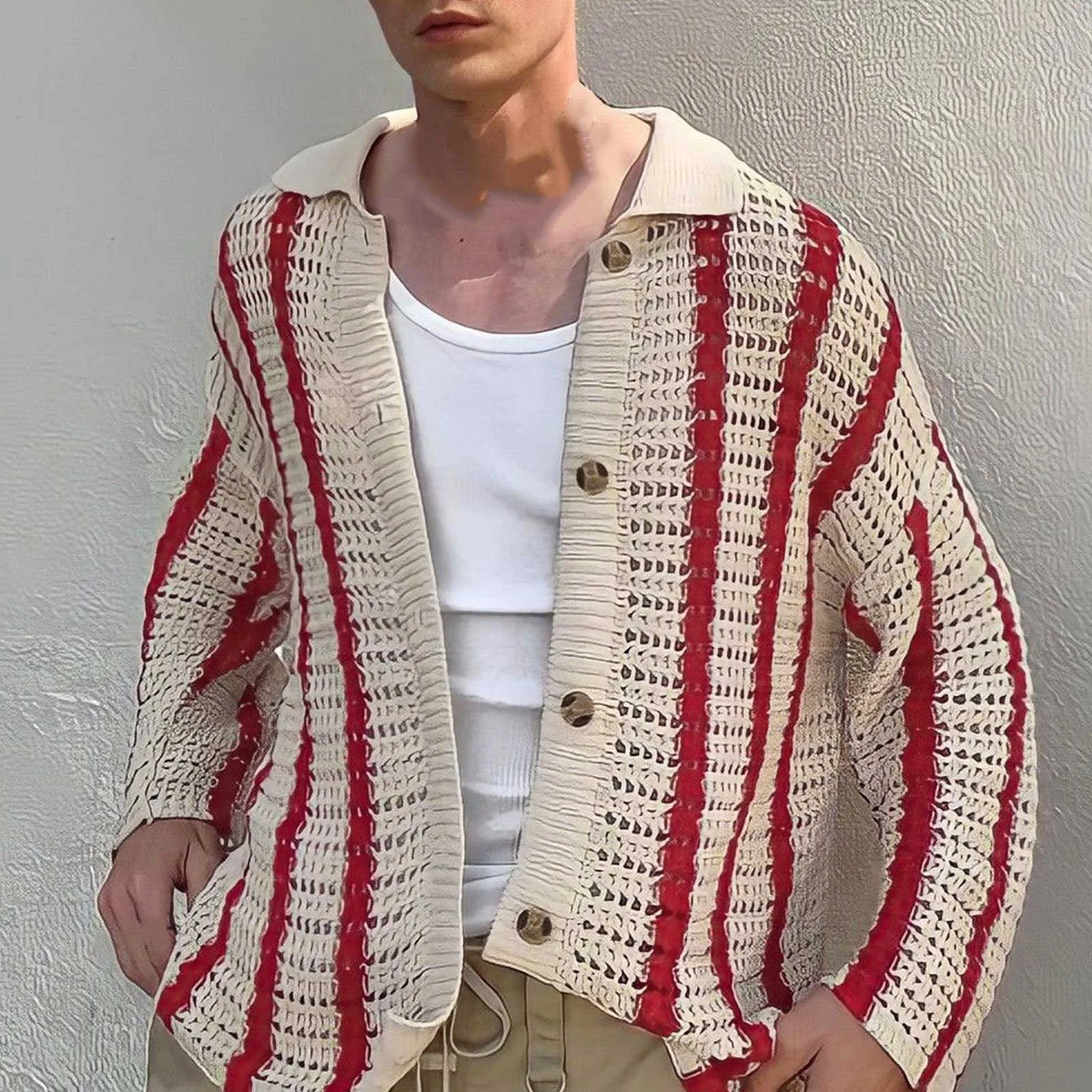 

Knitted Cardigan Sweater Men's Coat 2023 Autumn Trend Fashion Striped Cardigan Tops For Men Streetwear Button Lapel Knit Coats