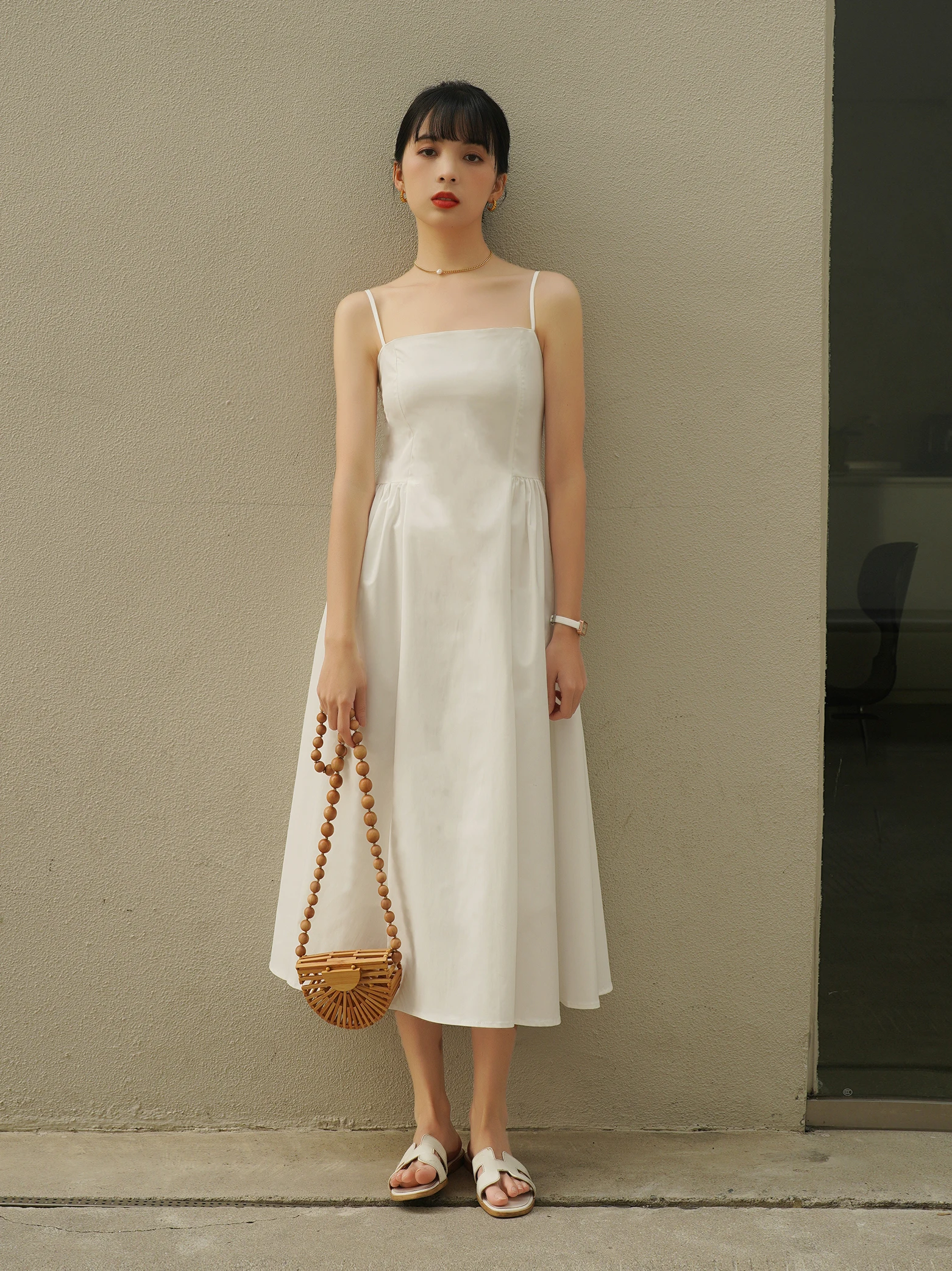 

Summer 2026 Design Sensation Slimming A-Line Midi Dress Women's Trendy Belted Gauze Halter Dress Korean Style High Waist