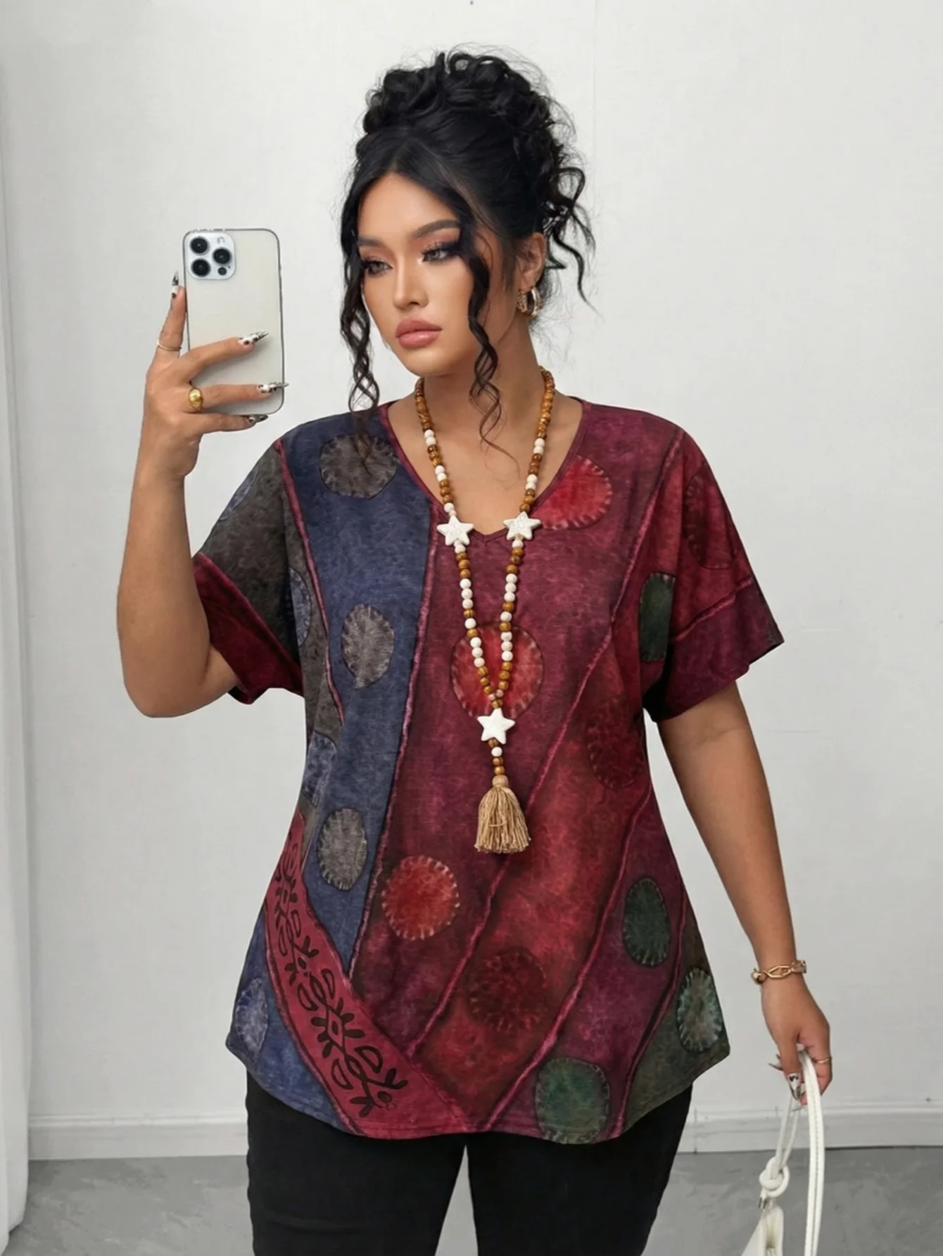 

Plus Size Summer Casual V-Neck Color Block Batwing Sleeve Blouse