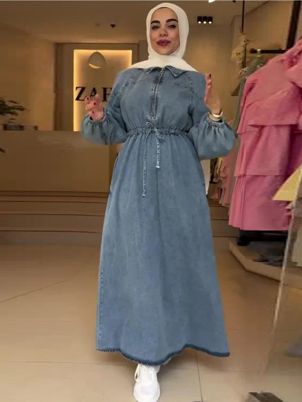 

Ид мусульманское джинсовое платье на шнуровке, однотонное элегантное платье на молнии, Vestidos Largos Abaya Jalabiya Ramadan Islam, вечерние платья, длинный халат