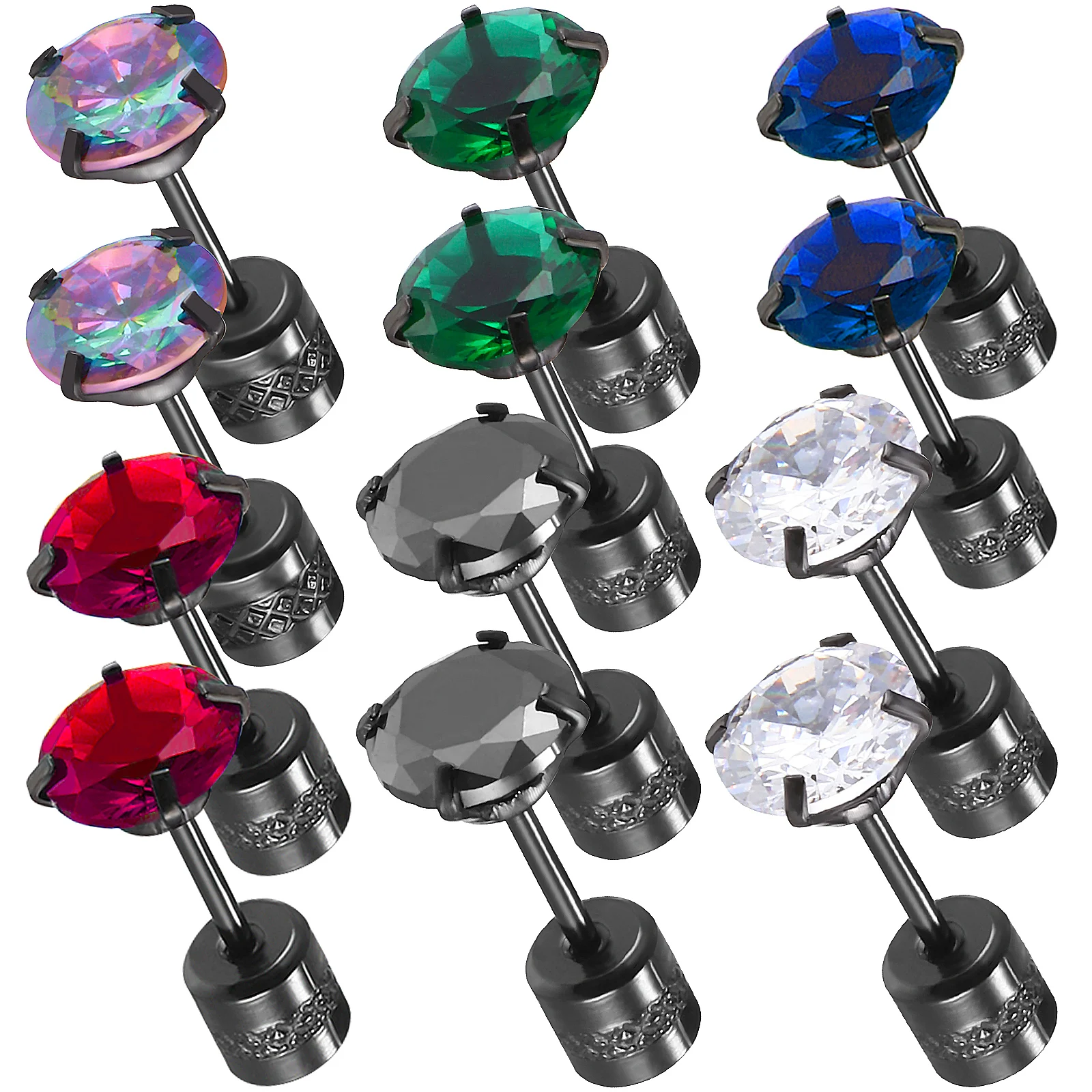 

6 Pairs Colorful Zirconia Stud Earrings 6MM Black White Blue Green Red Clear CZ Screw Back Titanium Steel Safe for Women