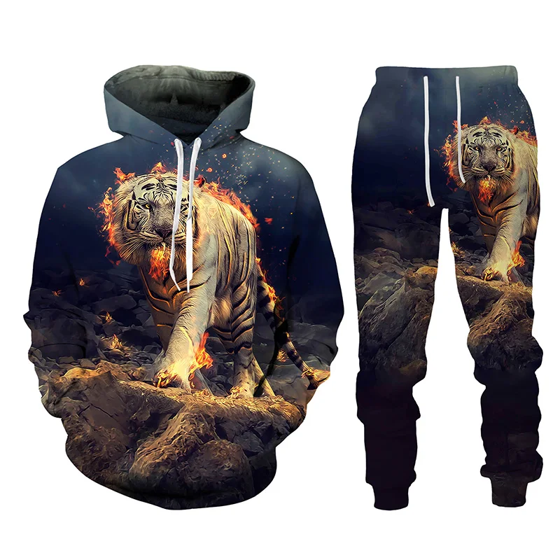 Jungle Tiger Head Print Hoodie 2 Pcs Outfits 3D Men/Women Hooded Sweatshirt Pant Sets Summer Autumn Outdoor Sport Pullover Suits