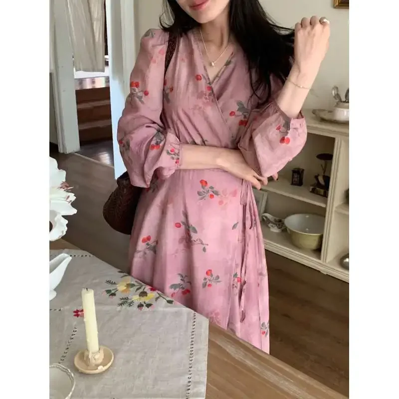 Van Gogh Spring New Style French Vintage Cherry Blossom Printed Long Sleeve One-Piece Dress Fresh Loose Fit Ladies' Clothing