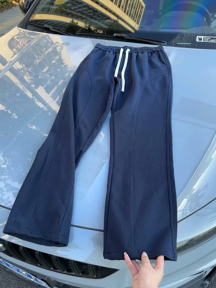 Loose American Sle Sports Pants for Men in Royal Blue with Knife Pleat Straight Leg Casual Trousers for Autumn Season