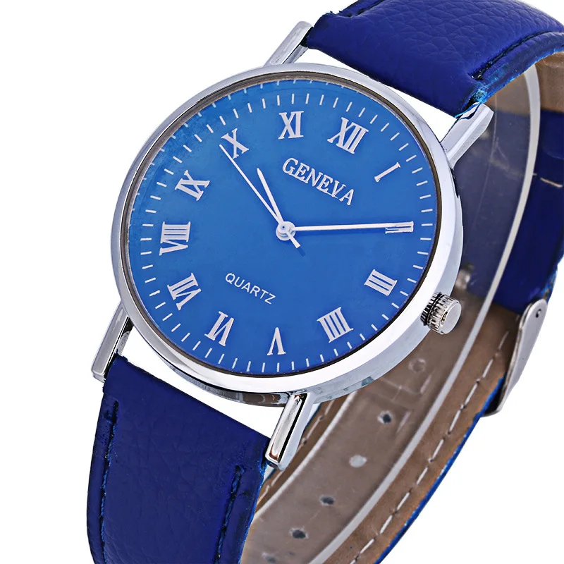 Nuevo reloj Geneva para hombre con números romanos Blu-Ray, correa de piel sintética, relojes de cuarzo, relojes de pulsera analógicos de negocios,